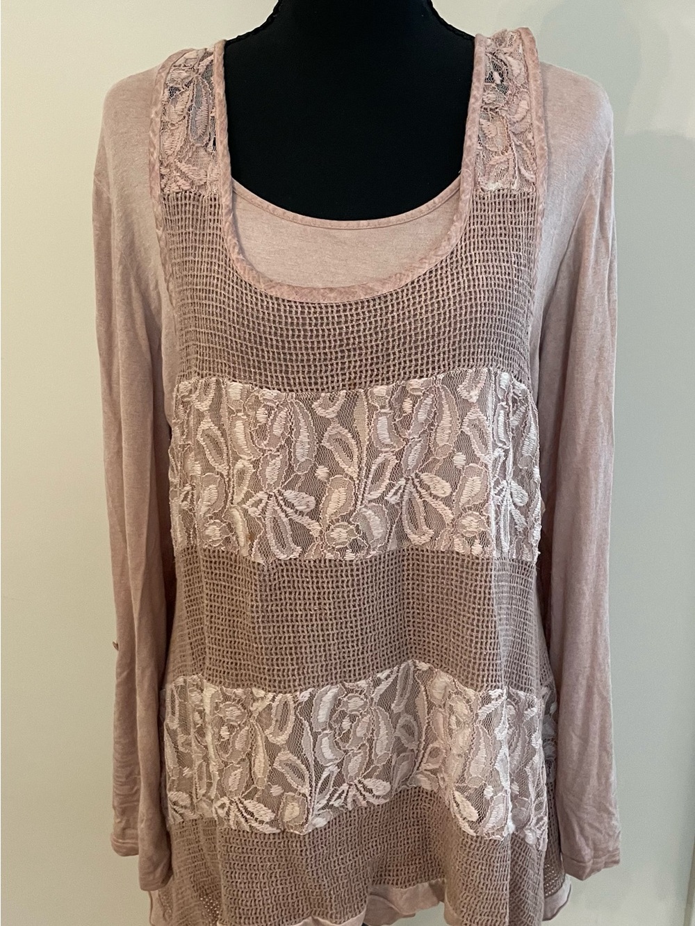 Fleur de Lis Dusty Rose Pink Shirt Lace Cottage Core 2 Piece Feminine Top, XL